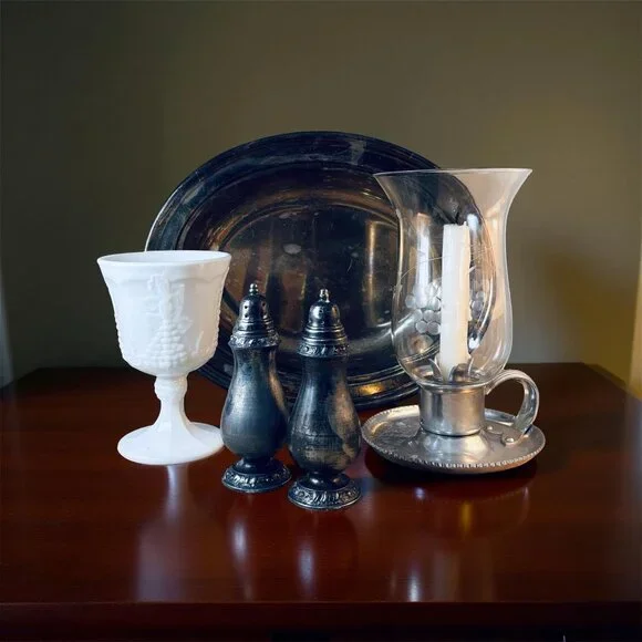 Grandmillennial Tabletop Decor Set – Silverplate & Milk Glass Vignette - Picture 2 of 8